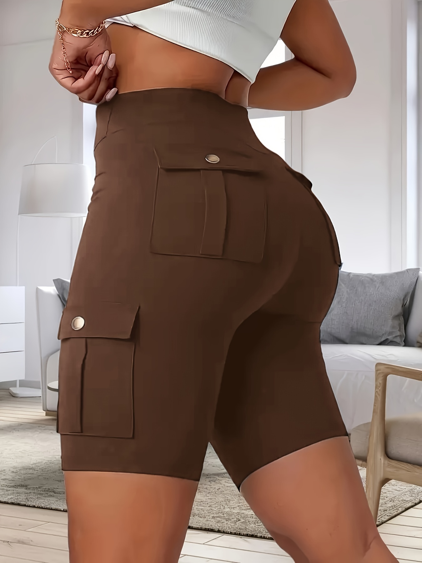 high waist womens solid color athletic yoga cargo shorts for exercise fitness with  