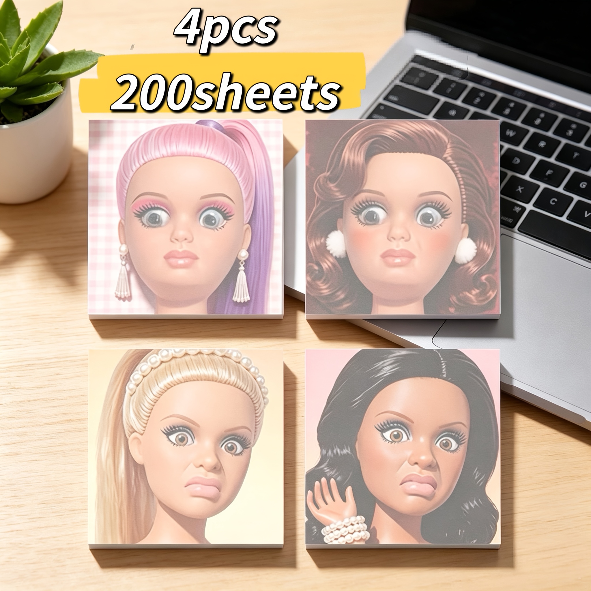 TEMU 4pcs/200 Feuilles de Notes Autocollantes Poupée , 4 Styles de -notes Carrés Farceurs et Amusants, 3 Pouces, Cadeaux Amusants pour la Rentrée