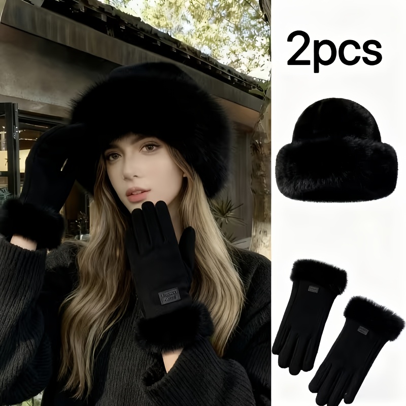 TEMU Nouvel ensemble 2 pièces pour femme : Lot de gants thermiques et bonnet pour automne/hiver. Comprend un bonnet de pêcheur en peluche épaissi,
