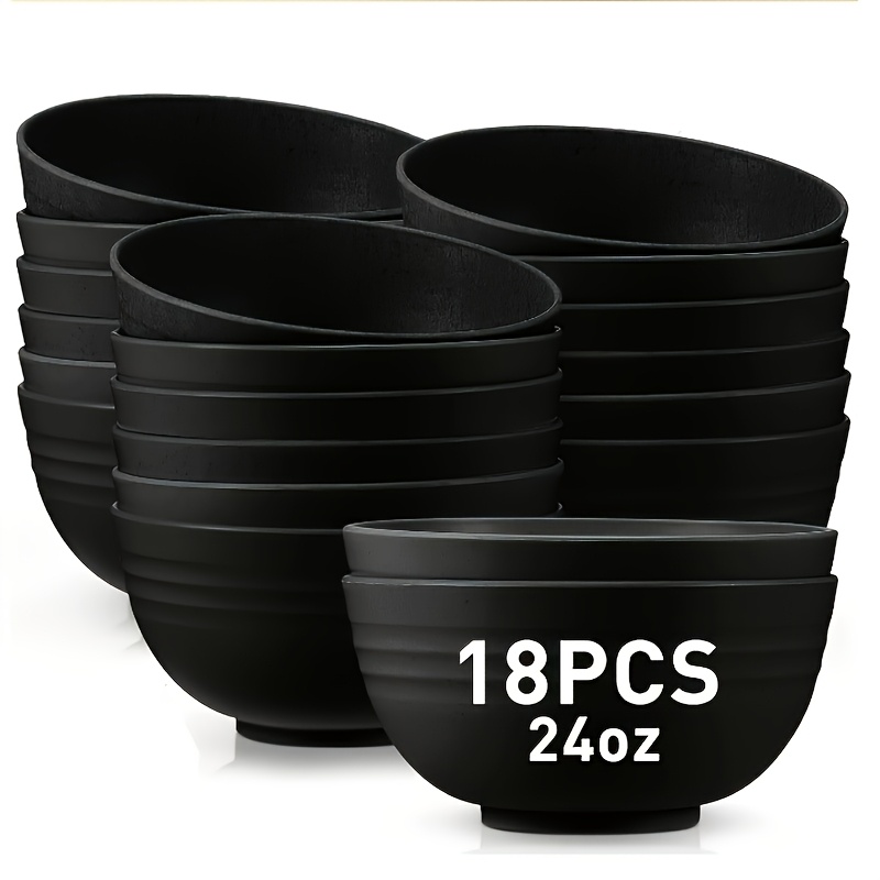Image of 18pcs Black Pp Material Bowl Set, 24oz Round For Oatmeal, Fruit, Salad & Soup - For Family Celebrations, Camping, Picnics And Kitchen Use