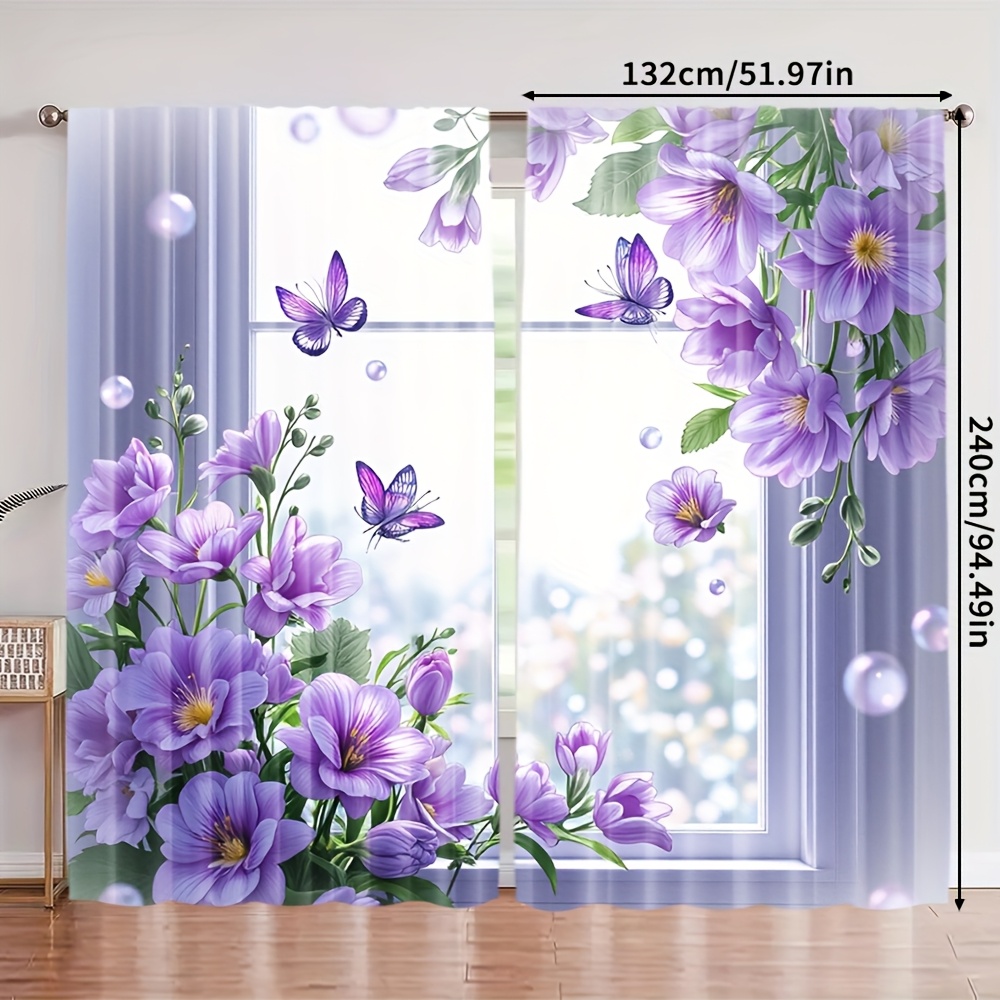 TEMU 2pcs, Purple And Chrysanthemum Print Art Deco Curtains, Polyester, Perfect For Corridors, Gyms, Study Rooms, And Other Spaces (without Rod)
