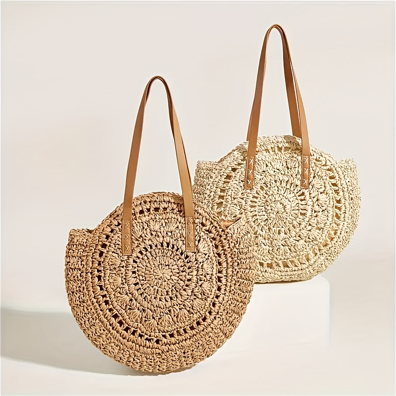 large capacity woven straw tote bag beige brown   beach vacations summer   and casual use beach tote bag elegant casual bag woven straw construction beach bag details 4