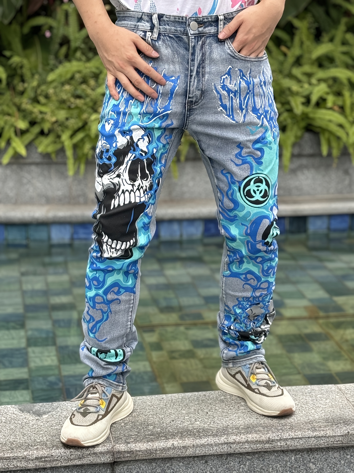 Flame Print Jeans White Jeans With Flames Mens Stretch Skinny