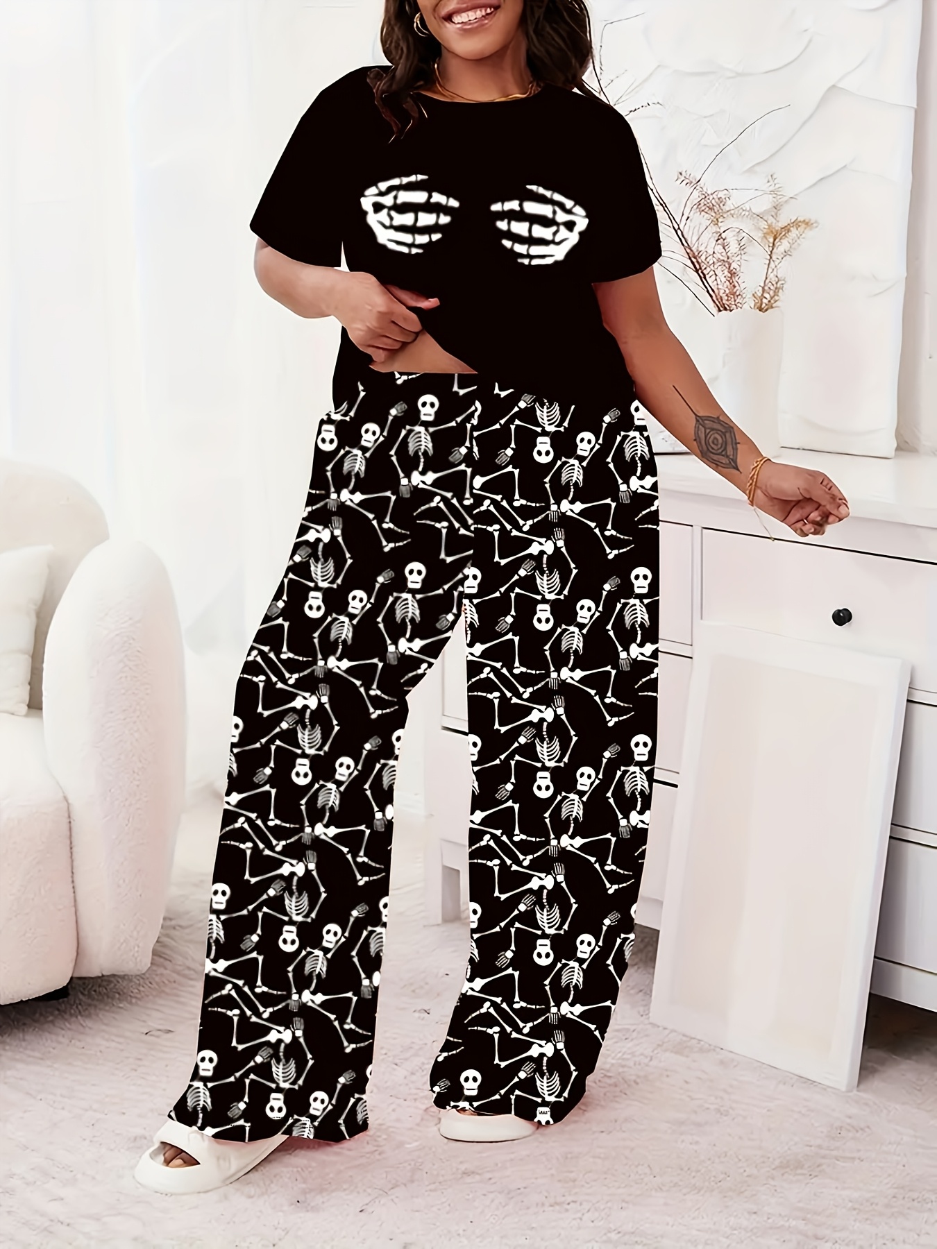 Autumn-Winter Plus Size Women's Pajama Set, Loose Short Sleeve and  Comfortable Long Pants, Skull Gothic Print Sleepwear Loungewear