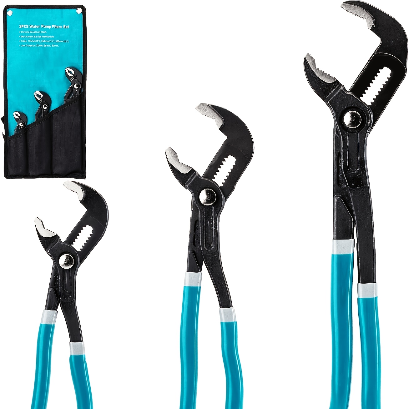 TEMU 3pcs 7/10/12 Inch Multifunctional Quick-adjust Water Pump Pliers. Ergonomic Rubber Handle And Large Opening Design. For Automotive, Plumbing &
