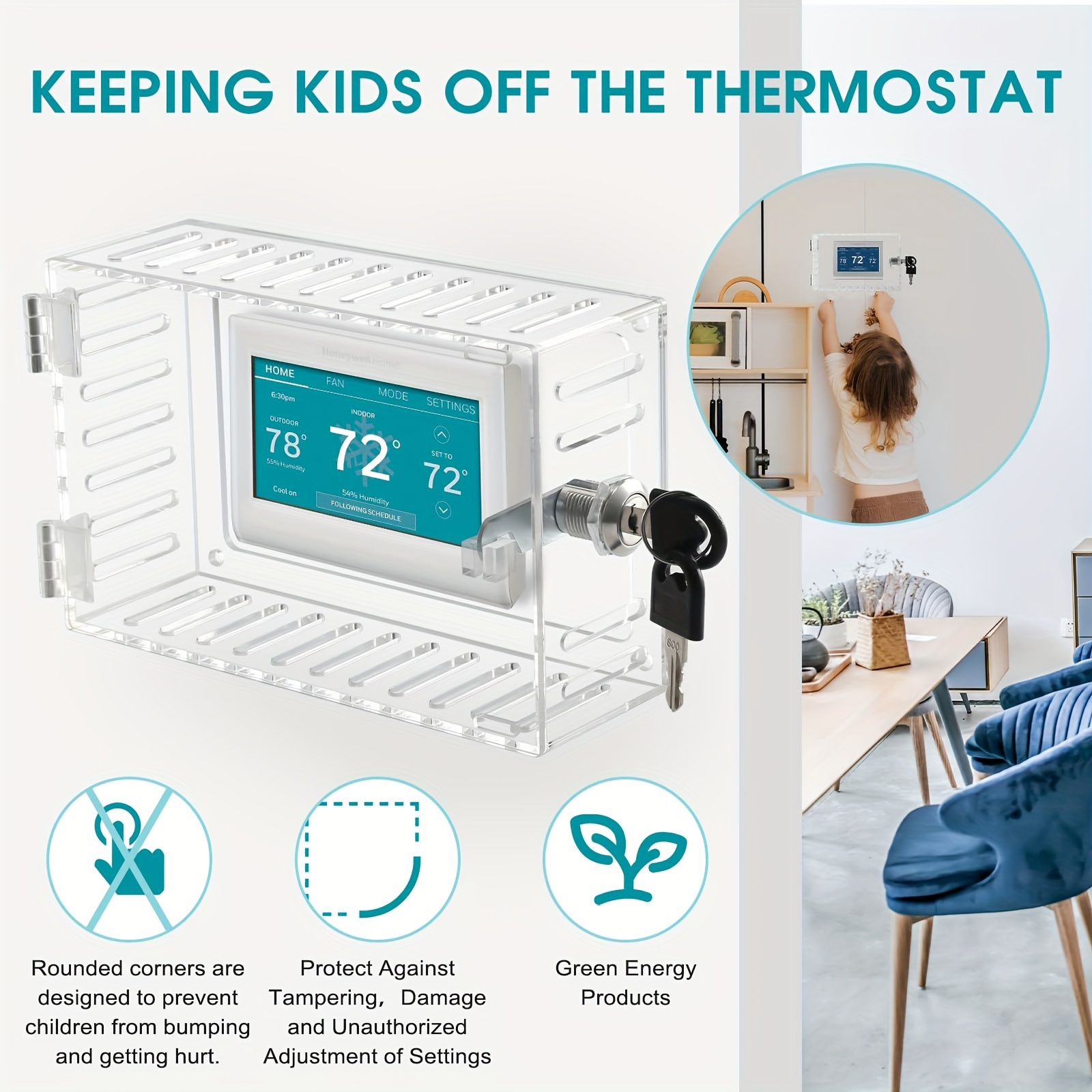 

Acrylic Thermostat Guard Cover With Lock And Key - Dual Key Design, Rounded Safety Corners, Hollow Curved Head For Easy Access, Transparent Protective Box For Home Thermostats