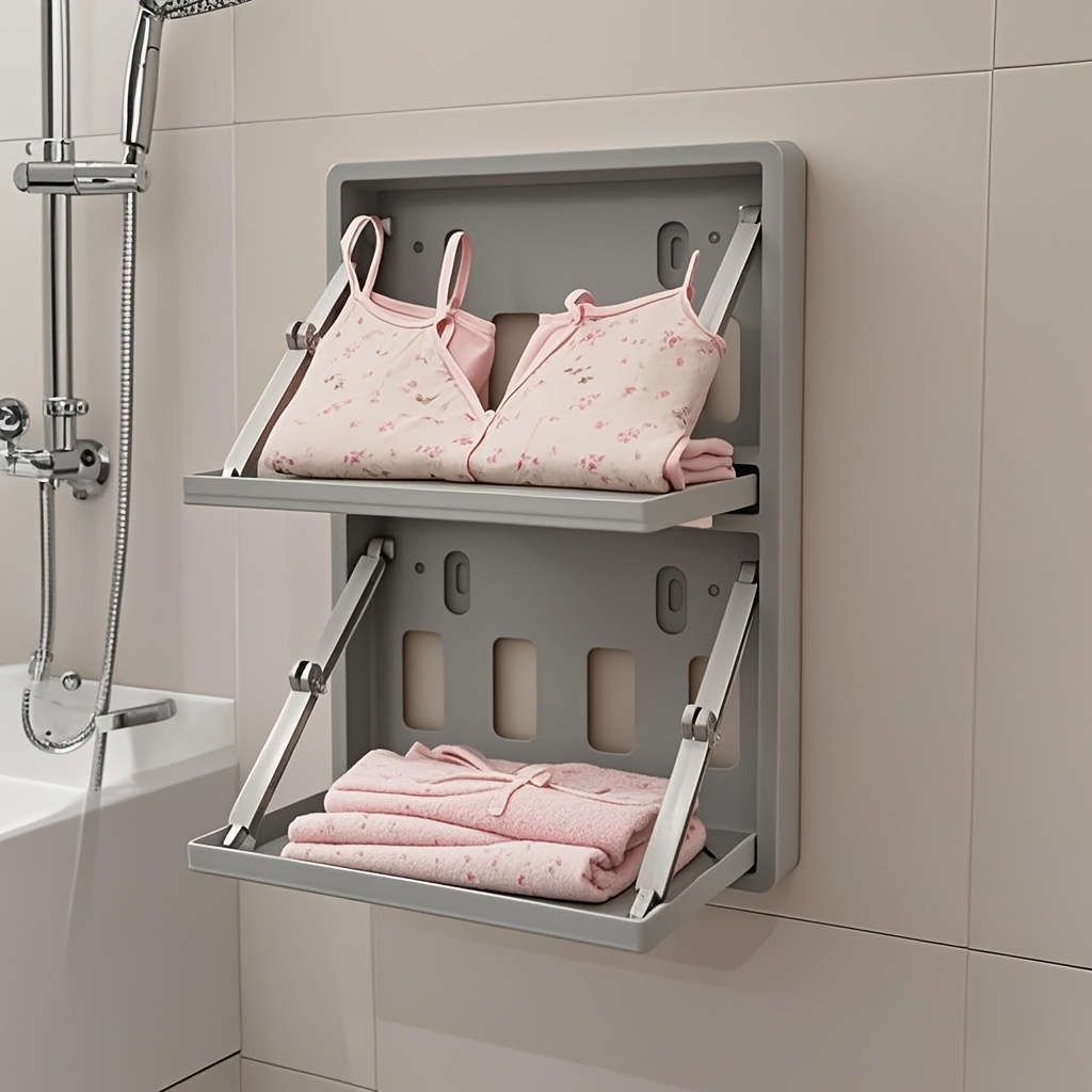 No-Drill Adhesive Wall-Mounted Double-Layer Folding Shelf - Reinforced Thickened Plastic Bathroom Organizer with 2-Tier Shelves for Towels, Toiletries - Space-Saving Storage for Bathroom & Toilet Walls, Toiletry Organization, Minimalist Design, Sturdy Construction, Compact Design, Durable Material, Compact Spaces, Utility Racks