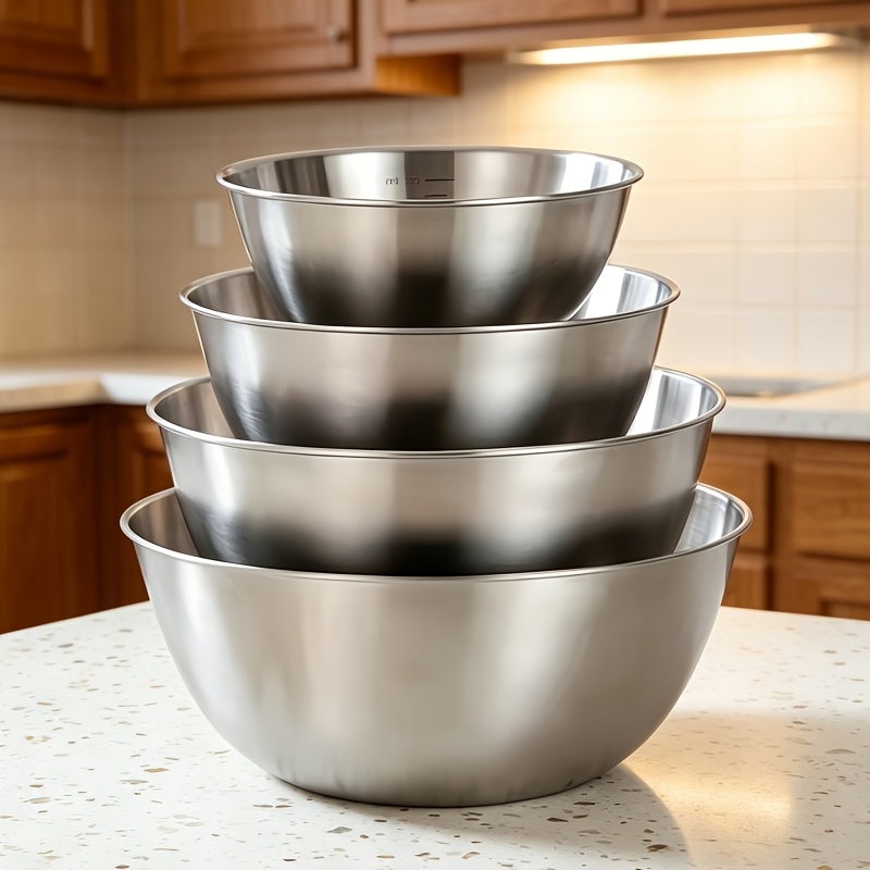 TEMU 4pcs Set, 17/20/23/25cm Multi-functional Stainless Steel Kitchen Bowls For Baking, Whisking, , Food Prep, Salad Serving, Vegetable Washing And