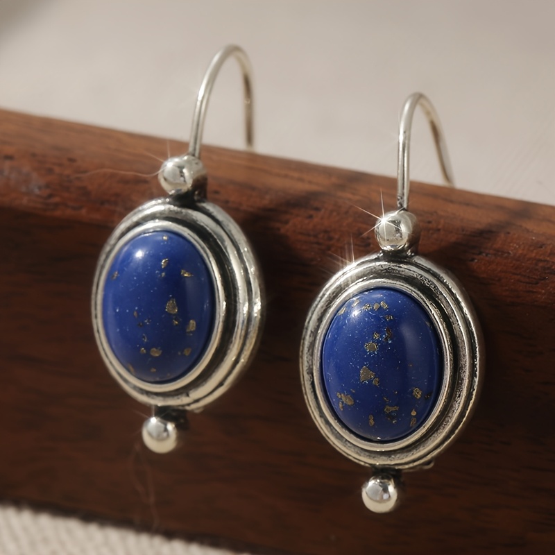 E-shop Vintage Ovale Kupfer-Material Ohrringe mit Lapis -Einlage, Bohemian Hypoallergene Damen-Hakenanhänger Handgefertigte Ohrringe
