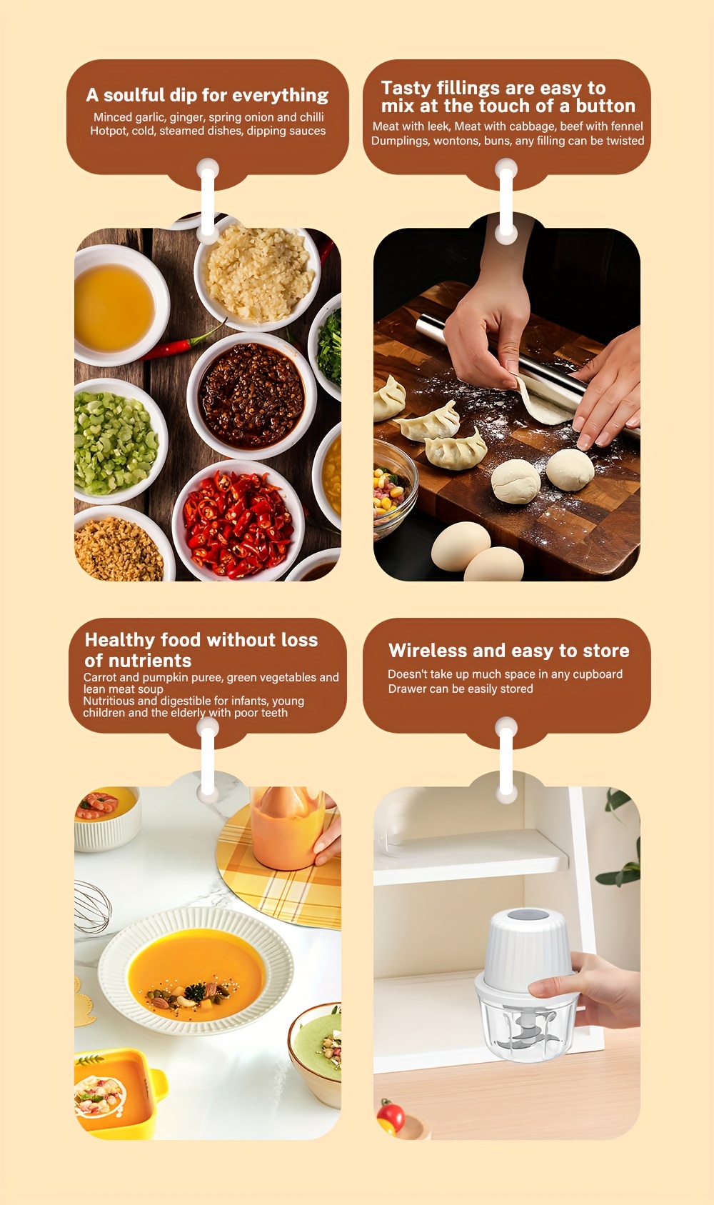   400ml mini electric food chopper with 6   blades portable usb rechargeable garlic cutter vegetable chopper multi   and meat grinder for chopping onions peppers celery ginger carrots kitchen essential tool vegetable chopper modern kitchen tool durable plastic Product details 8