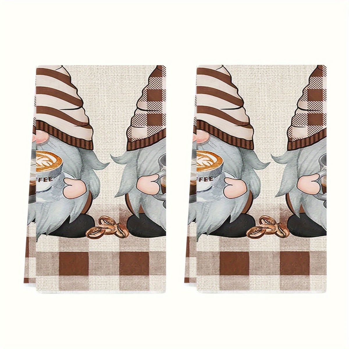 

2pcs Set Gnome & Coffee Cup Kitchen Towels - Ultra Soft, Absorbent Polyester Dishcloths With Brown Design For Cleaning And Decor