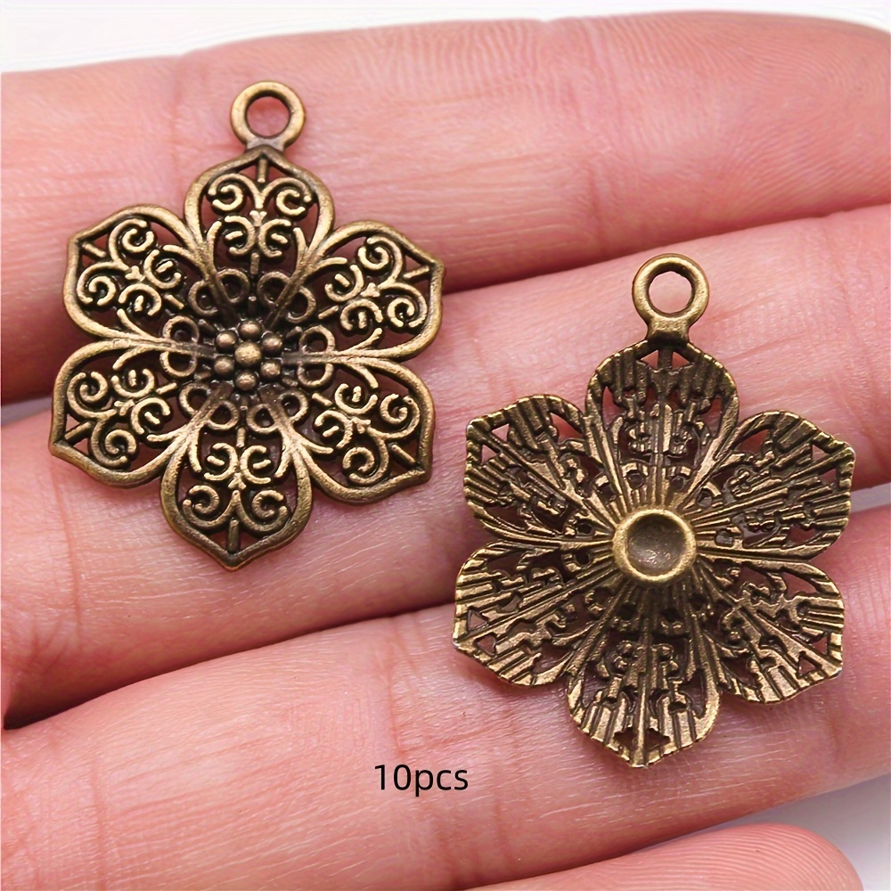 TEMU 10pcs Vintage Hollow Flower Pendant, Antique Silvery, Alloy, 27x24mm, For Diy Handmade Earrings Necklace Accessories