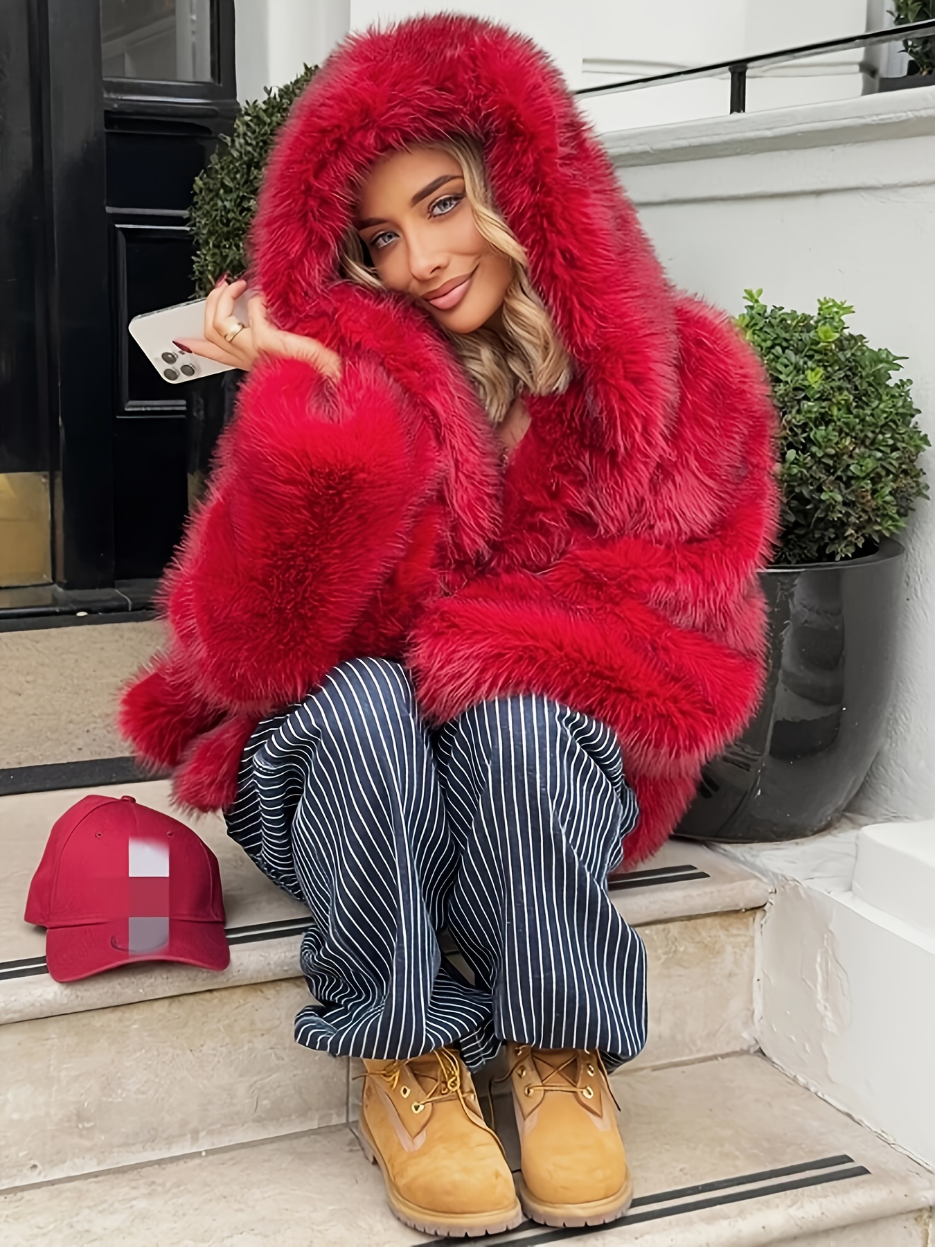 womens elegant red plush faux fur coat winter warm short Temu Canada