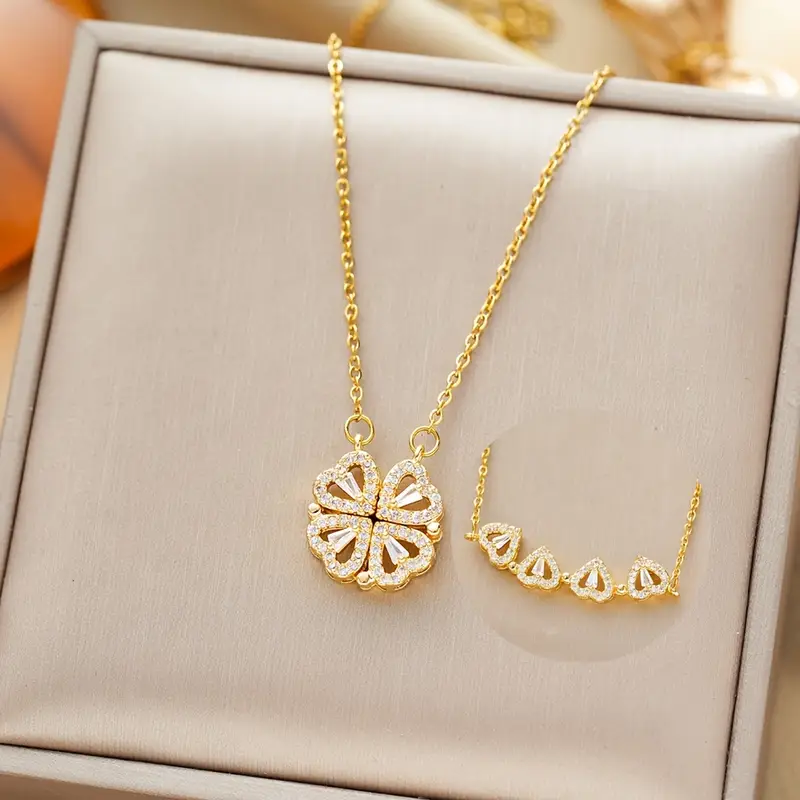 convertible 4 heart flower necklace for women two way wear interlocking pendant with sparkling crystals stainless steel for daily party wear heart necklace versatile accessory intricate setting fashion statement stylish accessory womens fashion Product details 0