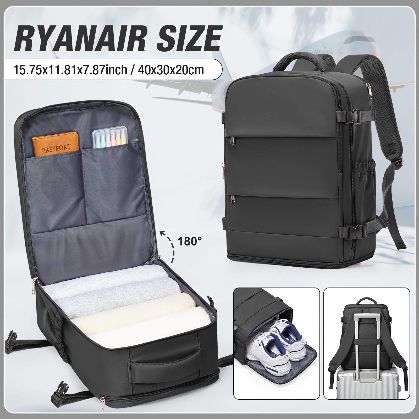 TEMU Bolso de Cabina Ryanair 40X30X20Cm, Mochila de Viaje Aprobada por Aerolíneas para Debajo del Asiento, Mochila para Laptop de 15.75 Pulgadas,