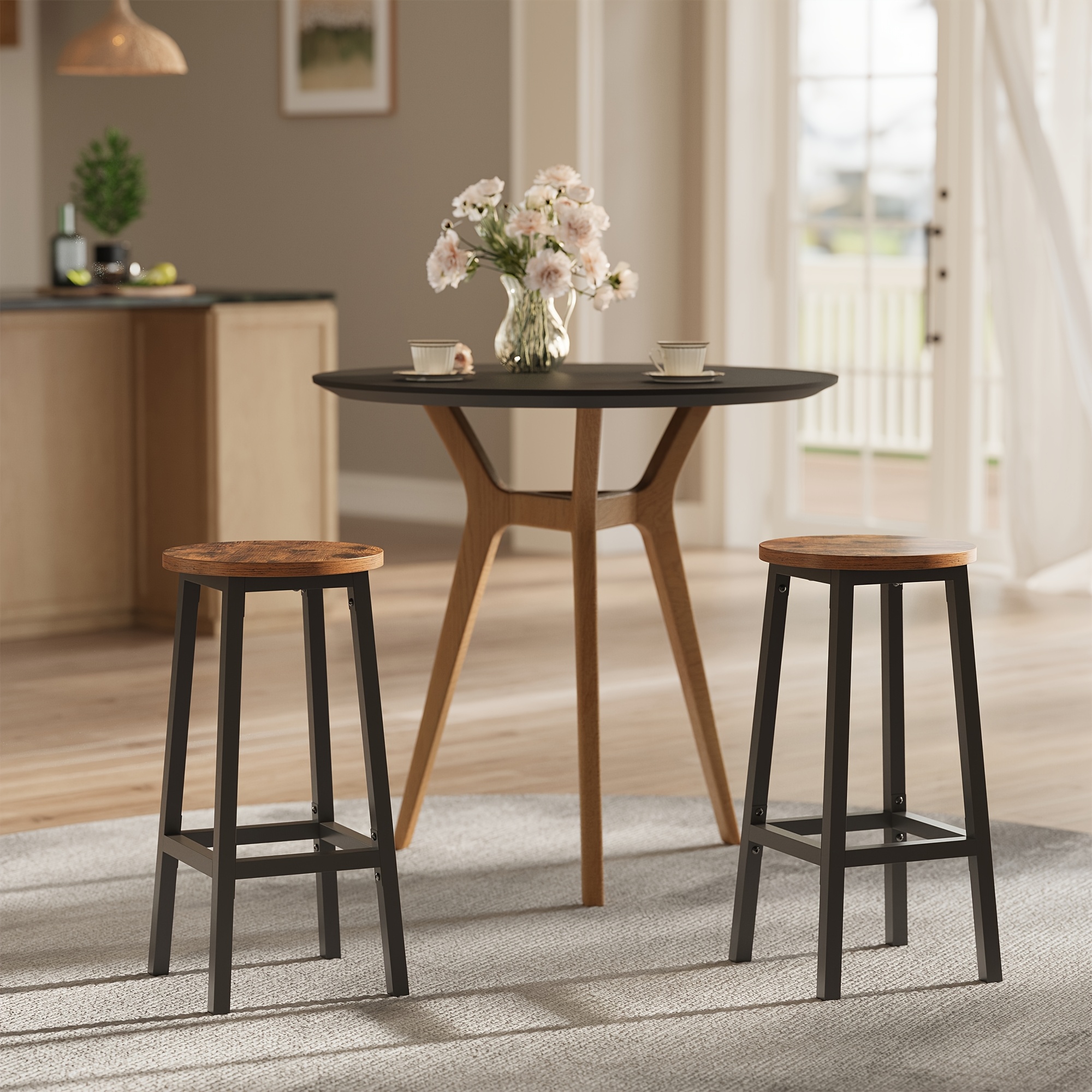 TEMU Juego de 2 taburetes de bar redondos, silla de cocina con estructura de acero, altura de 65 cm, fácil montaje, estilo industrial, marrón y negro