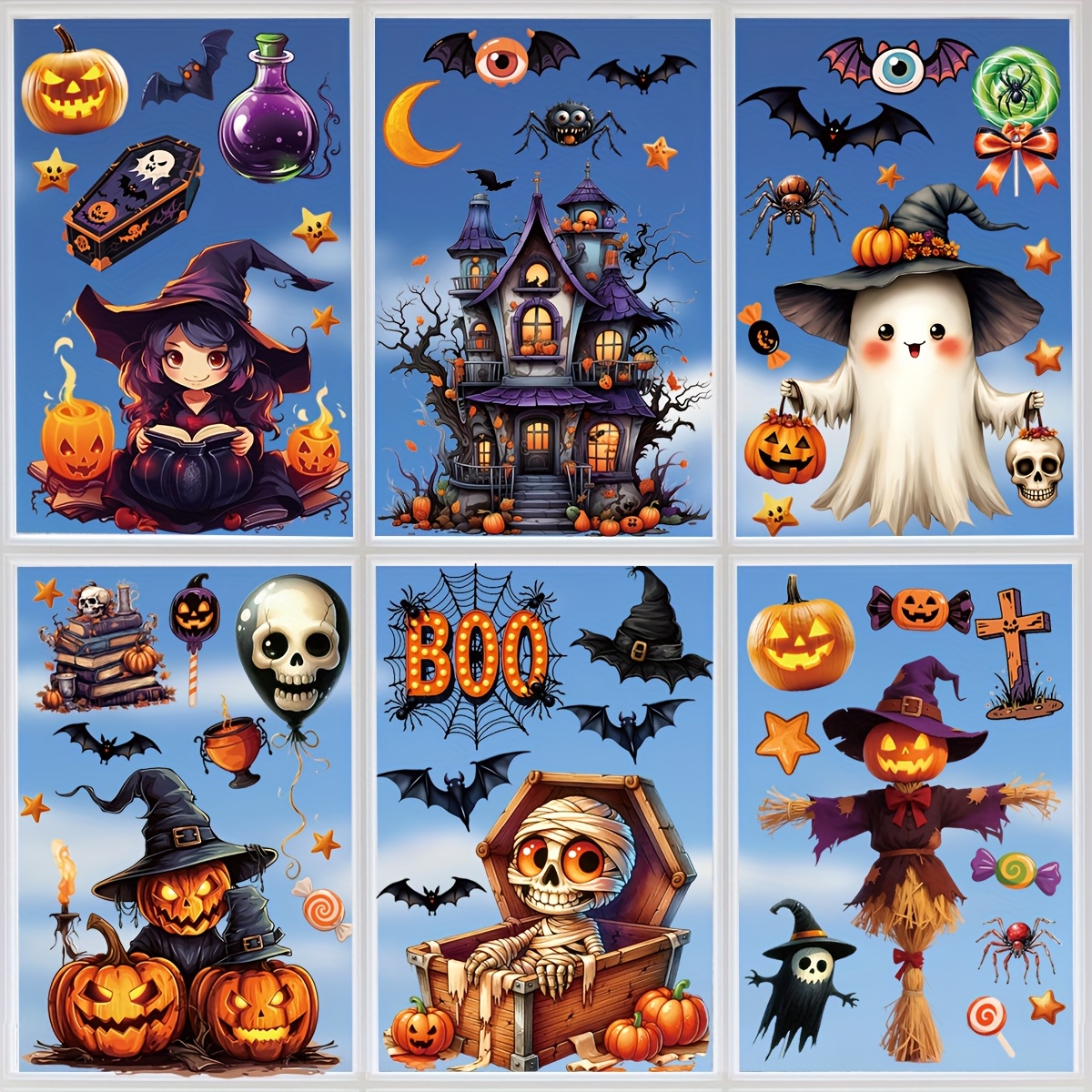 6-pack, Halloween Horror Atmosphere Dark Castle Pumpkin Bat Stickers Web Window Decorations Reusable Glass Window Halloween Decoration
