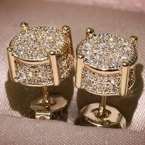 pair of classic full pave sparkling synthetic zirconia round stud earrings high quality copper with nickel free plating ideal for daily wear and parties hip hop trendy style