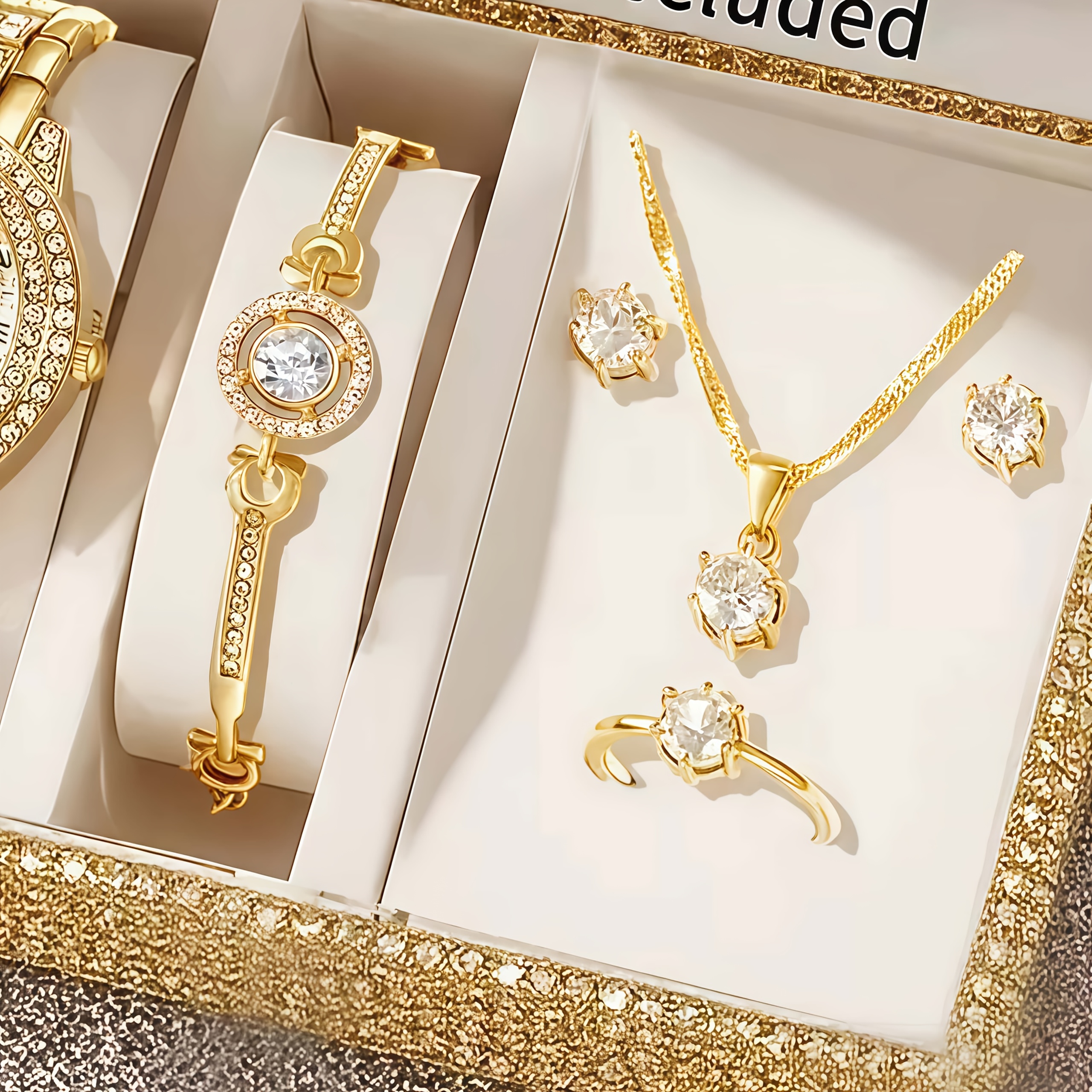 5pcs Set of Luxurious and Elegant Ladies Jewelry, Including Bracelets, Necklaces, Earrings and Rings, with a Shiny Golden Theme, * with Synthetic Cubic Synthetic Zirconia, Made of Durable Materials, Suitable for Daily Wear