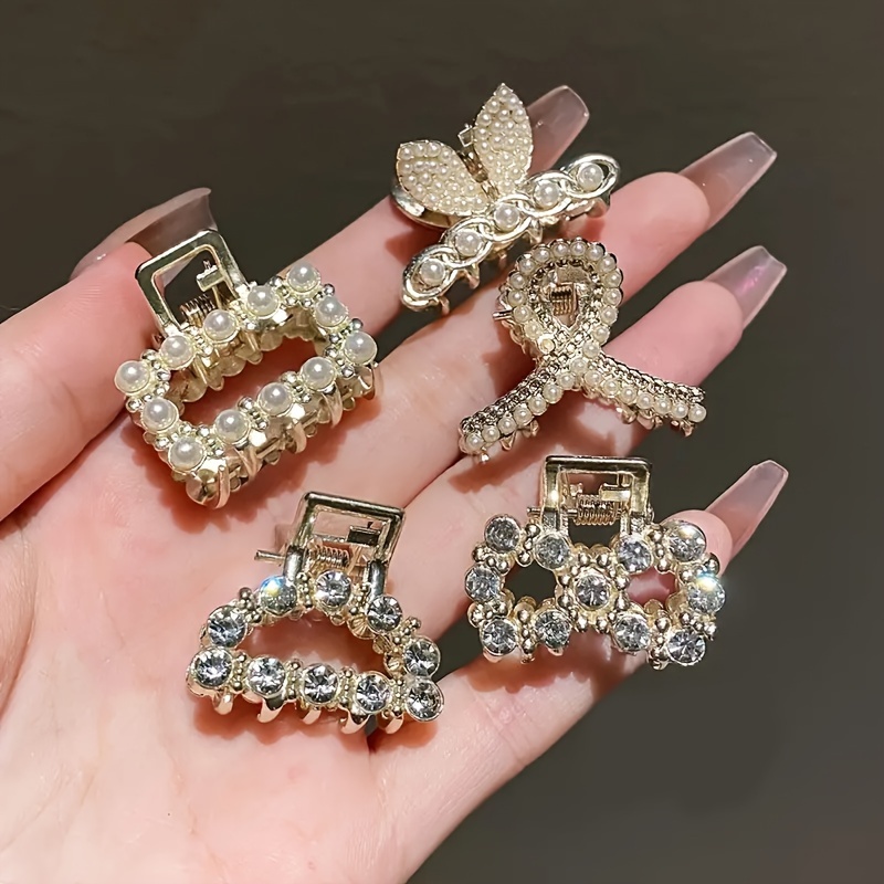 

5pcs Elegant Hair Claw Clips Set For Women, Mini Rhinestone Faux Pearl Hair Clamps, Assorted Shapes, Perfect For Daily Wear & Parties, Simple And Chic Style