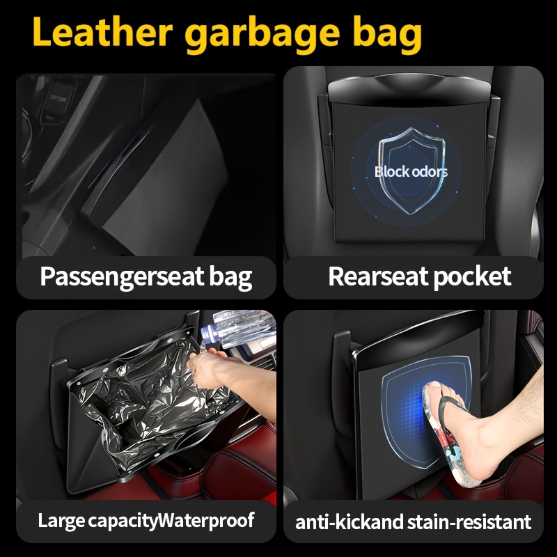 PU Leather Car Trash Bags Suitable for LAND for RoveR, Including Defender, Range for RoveR, Range for RoveR Sport, Range for RoveR Evoque, Discovery, and Discovery Sport. Features: 2 Passenger Seat Brackets, 20 Disposable Trash Bags. Large Capacity.