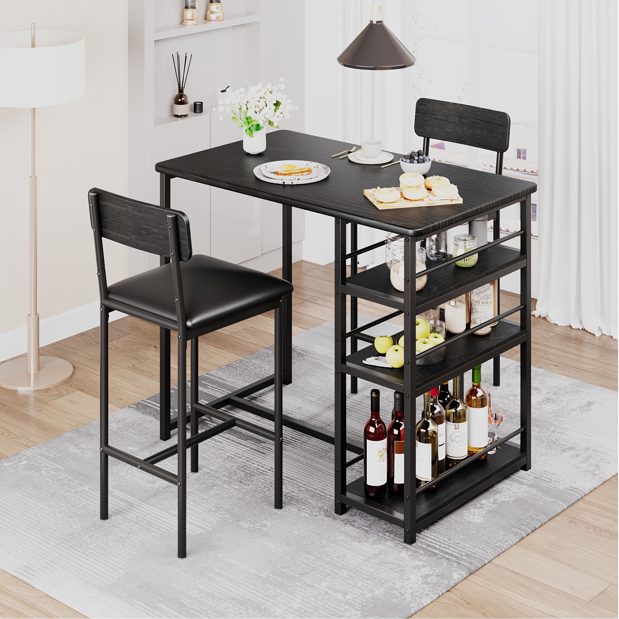 TEMU Dining Table Set For 2, Kitchen Table And Upholstered Chairs For 2, 3pcs Counter Height Bar Table Set With 3 Large Storage Shelves For Small