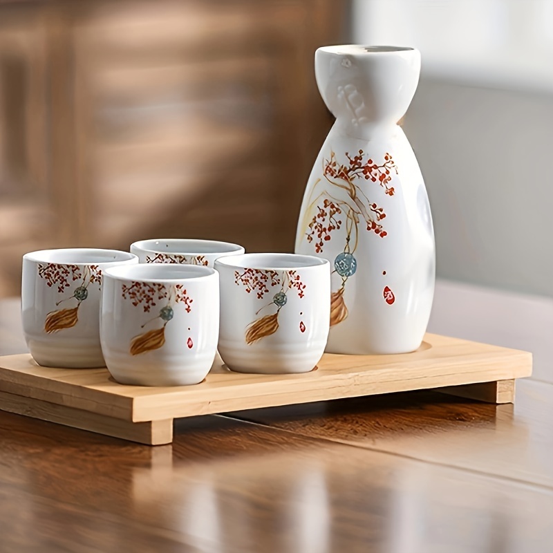 Set de sake japonés, que incluye 1 botella Tokkuri y 4 tazas Ochoko, set de  sake de cerámica con patrón de bambú o flores, utensilios de cocina para 