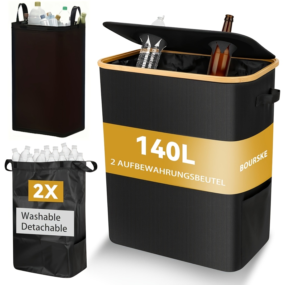 140l Bottle Collection Container With Lid And 2 Detachable Carrying Bags - Extra Large - Bottle Collection Container For Home, Kitchen & Office- Bottle Storage (black)