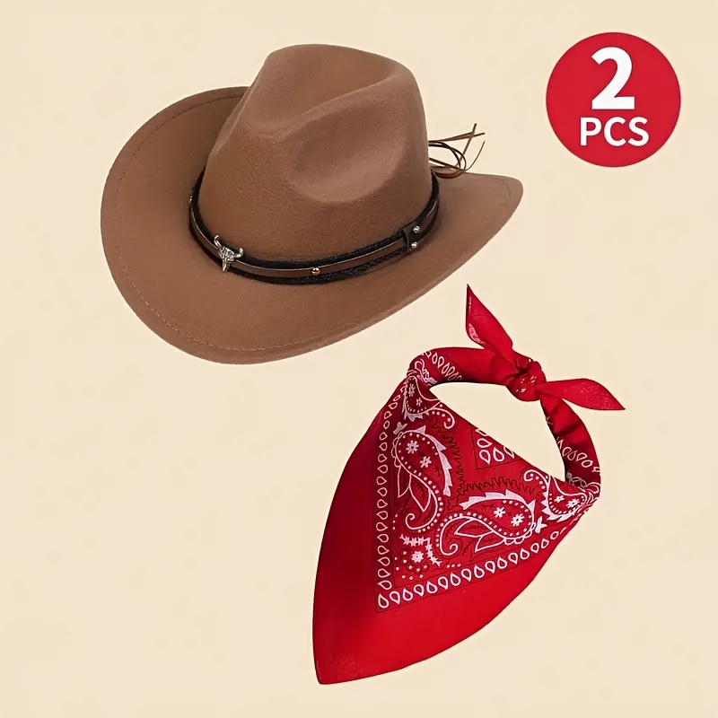 E-shop 2 Stück Cowboyhut mit Bandana, winddichter Halstuch-Accessoire im Western-Stil für Outdoor-Aktivitäten Geburtstagsfeiern