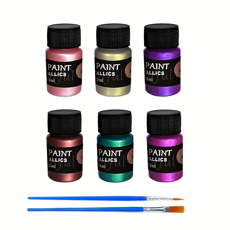 Image of Metalllic Acrylic Paint Set Of 6 Colors In 20ml Bottles, High Shimmer Paint For Artists, Suitable For Rocks, Crafts, Canvas, Wood, Fabric, And Ceramics, Includes 2 Paint Brushes