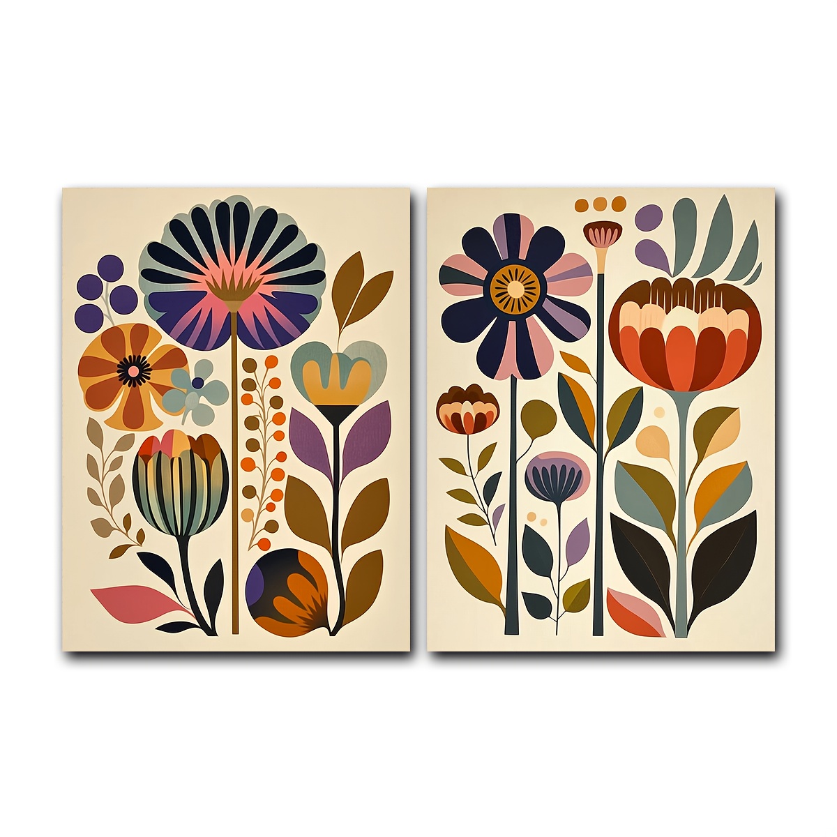 TEMU Set Of 2 Scandinavian Wall Art Posters - Folk Decor Boho Floral Print With Vibrant Multicolor Flowers, Minimalist Nordic Paintings For Living