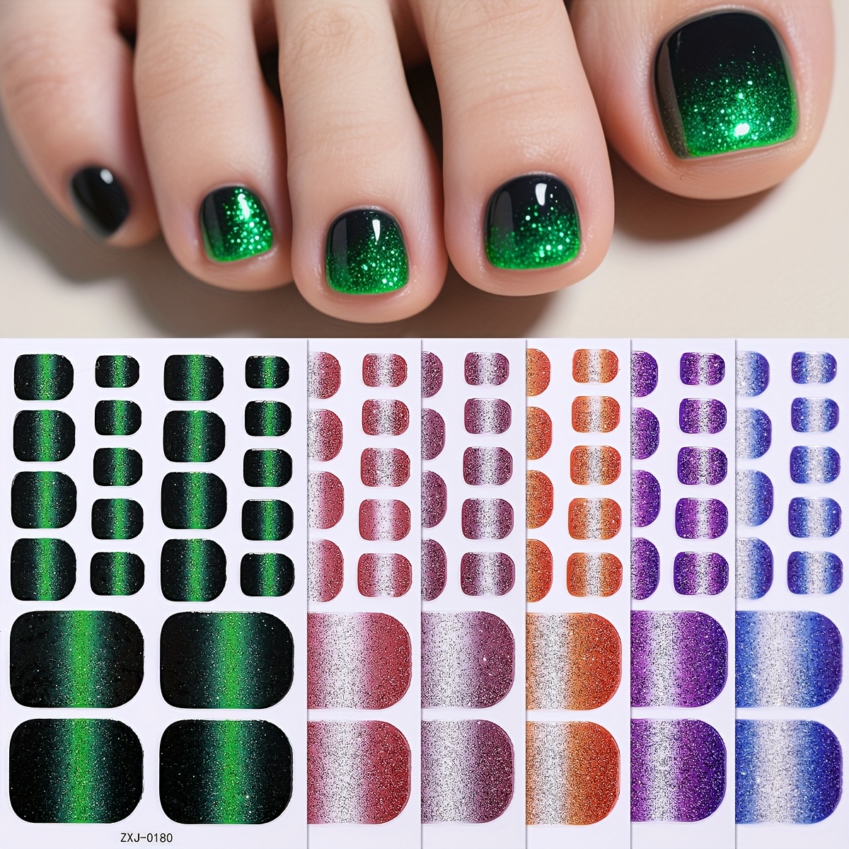 Image of 6sheets Toe Full Wrap Nail Stickers, Spring And Summer Glitter Self-adhesive Toe Nail Polish Strips, Quick Nail Art Supplies For Women's Concerts, Road Trips Diy Nail Stickers