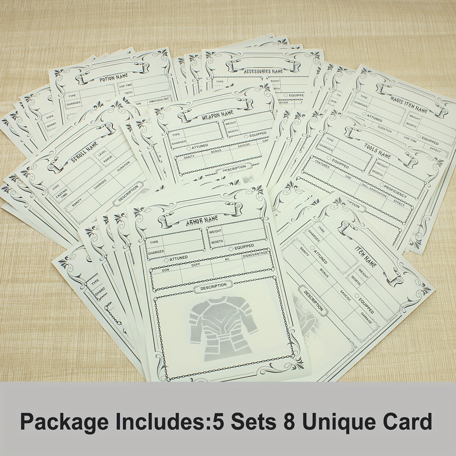 TEMU 40 Blank Item Card Pack, 8 Unique Card Bundle - Including Weapon Card, Armor Card, Potion Card, For Role Playing Games