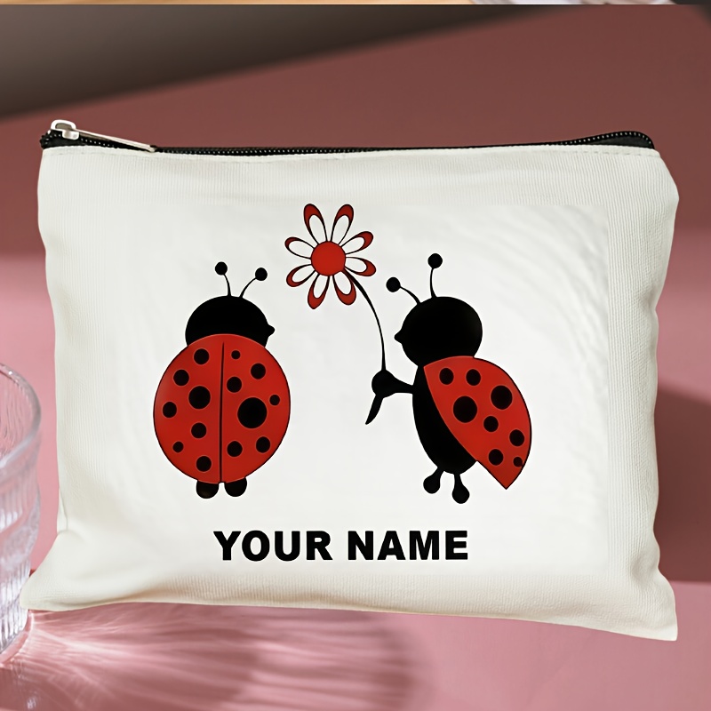 TEMU A Customizable Text Ladybug Makeup Bag - A Whimsical Nature-style Makeup Bag With A Zipper Closure, Featuring A Beige Background And Red