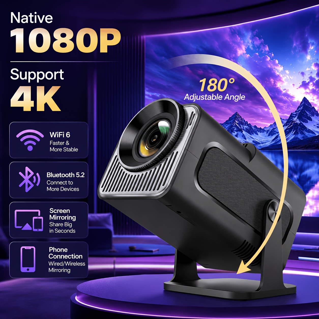 TEMU Hy320 Smart Portable Projector With Local 1080p, Support 4k, Ansi 220, 5g Wifi 6 & Wireless 5.0, Full Hd Support, Usb-powered Compact Projector