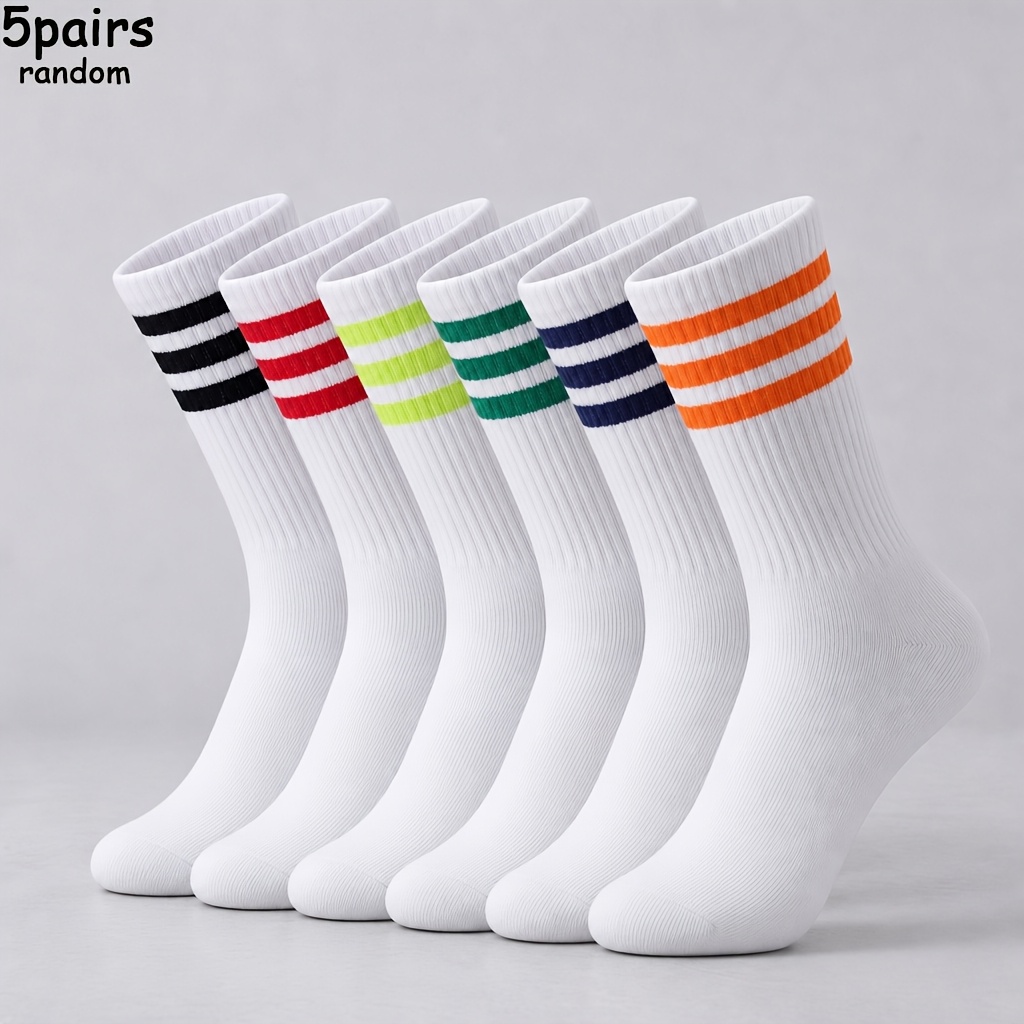 TEMU 5 Pairs Unisex Striped Mid-calf Socks, Casual Comfortable All-match, Random Style, Street Sporty Style, Wear, Suitable For Daily Casual And