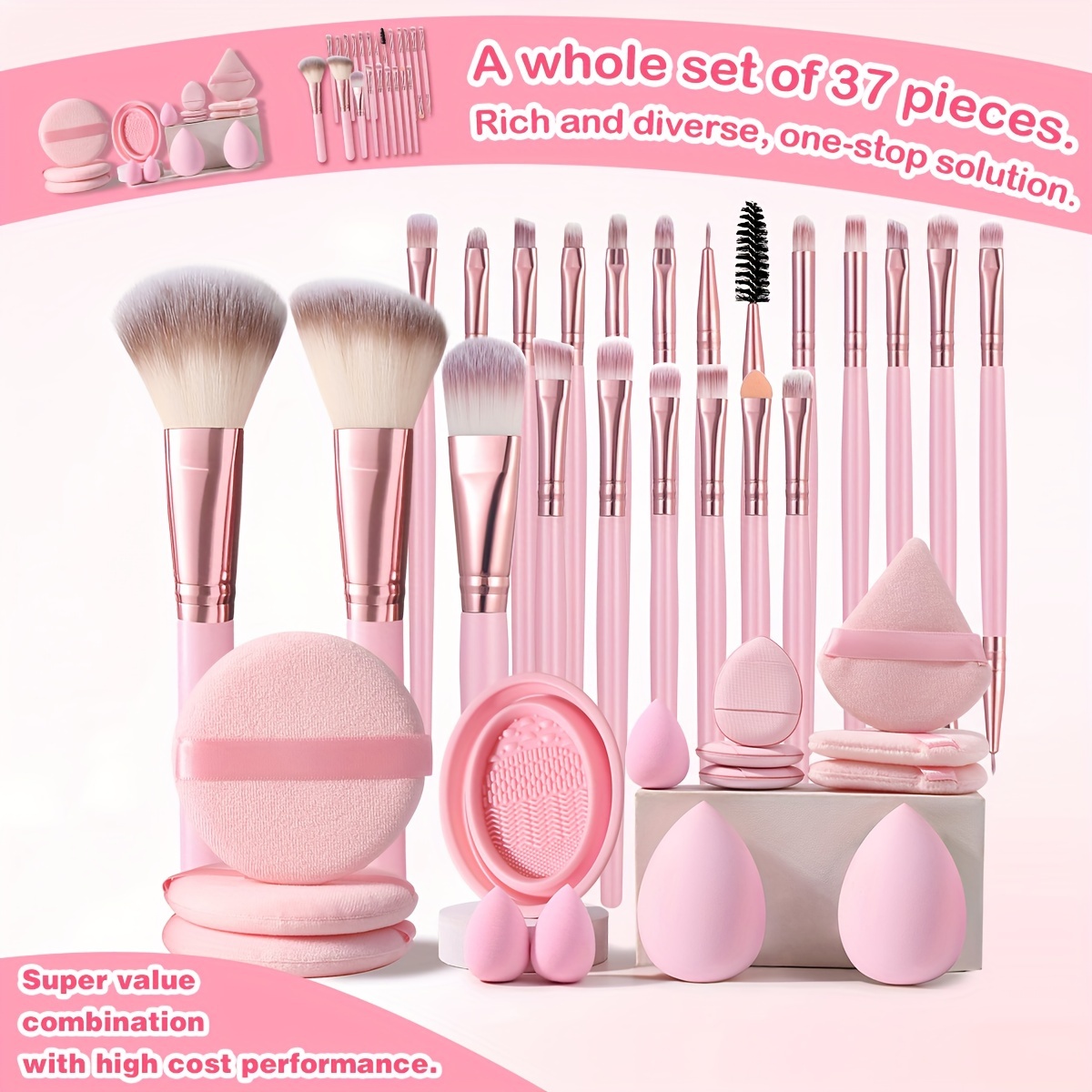 

37pcs Professional Makeup Brush Set - Nylon Bristles, Abs Handles, Includes 22 Brushes, 2 Makeup Sponges, 3 Mini Sponges, 3 Triangle , 3 Mini , 3 Round , And Brush Cleaner For Types