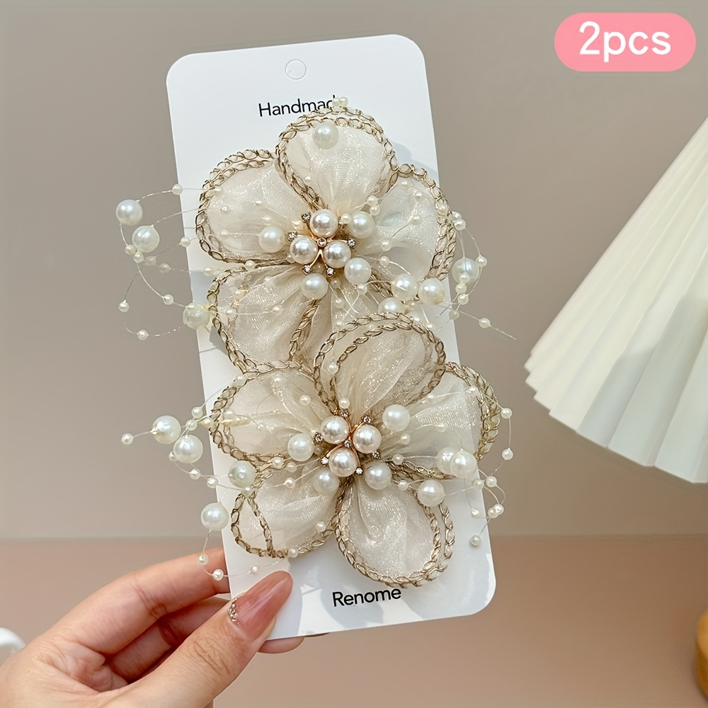 2pcs Colorful Flower Hair Clips Fairy Flower Hair Barrettes Tulle Flower Hair Clips Beaded Hair Clips Boutiue Floral Hair Accessories For Womens Gifts, Vacation