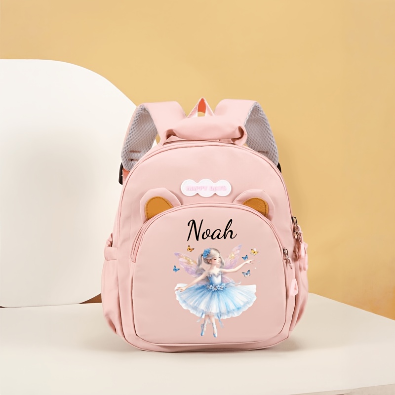 TEMU 1pc Back-to- Personalized Bear Ears Women's Backpack, Customizable With Name Text Or Numbers, Featuring A Stylish Cartoon Ballerina Print Design