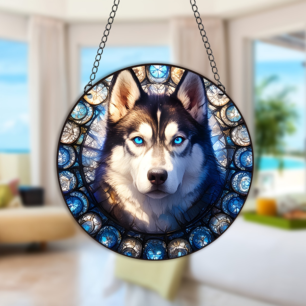 

1pc, Wolf Acrylic Hanging Sign, Suncatcher, Stained Window Hanging, Acrylic Holiday Decor, Round Sign, Wreath Sign, Hanging Decor, Window Decor Porch Decor Wall Decor, 5.9in/15cm