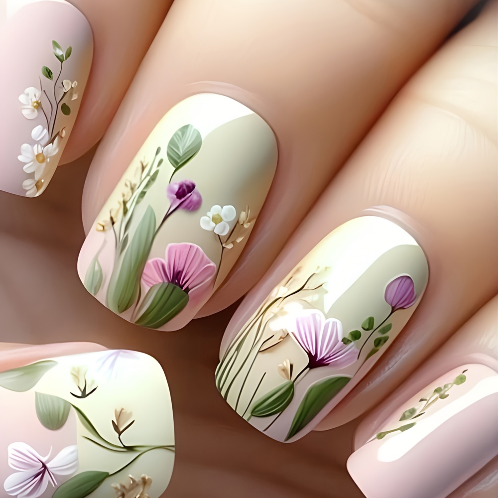24pcs Of Pink Floral Patterned Nail Patches - Medium Glossy Square, Reusable Fake Nails, Suitable For Women And