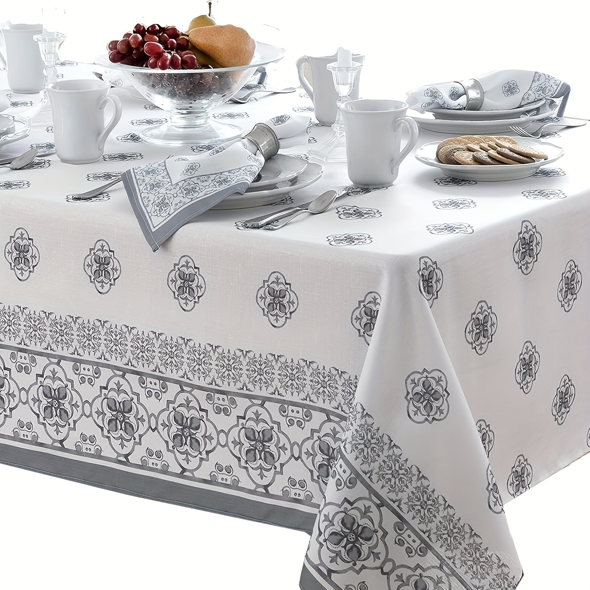 TEMU 1pc Newbridge Rectangular Table Cover, Grey Mediterranean, Table Cloth, Grey 51x51/51x70/56x83/56x103 Inches