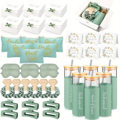 set de 42 piezas de regalos para damas de honor, que bolsas de maquillaje, invitaciones, vasos con tapas y , coleteros, para ojos y pinzas para el cabello, para despedidas de soltera y (verde) para halloween y navidad