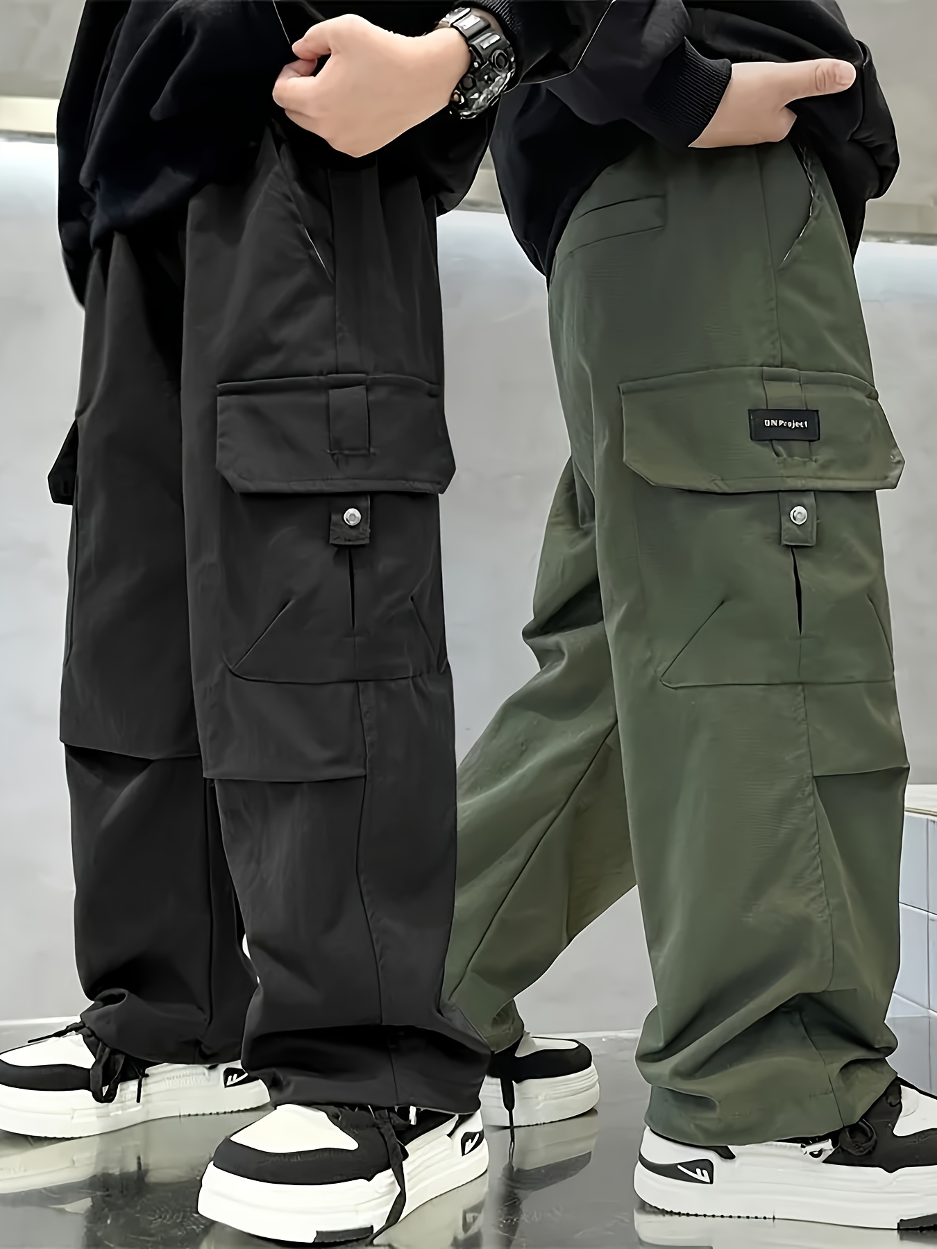 boys army green cargo pants breathable nylon loose fit elastic waist with pockets matte end outdoor and casual wear sizes 120 170 for outdoor