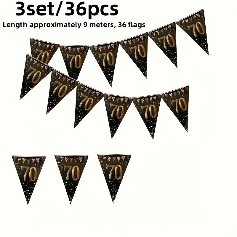 Image of 3 Sets Of 36pcs Of Decorations For A 70th Birthday Party, With A Total Length Of About 9 Meters, Featuring Black And Golden Triangular Flags, Suitable For 70th Birthday And Anniversary Celebrations