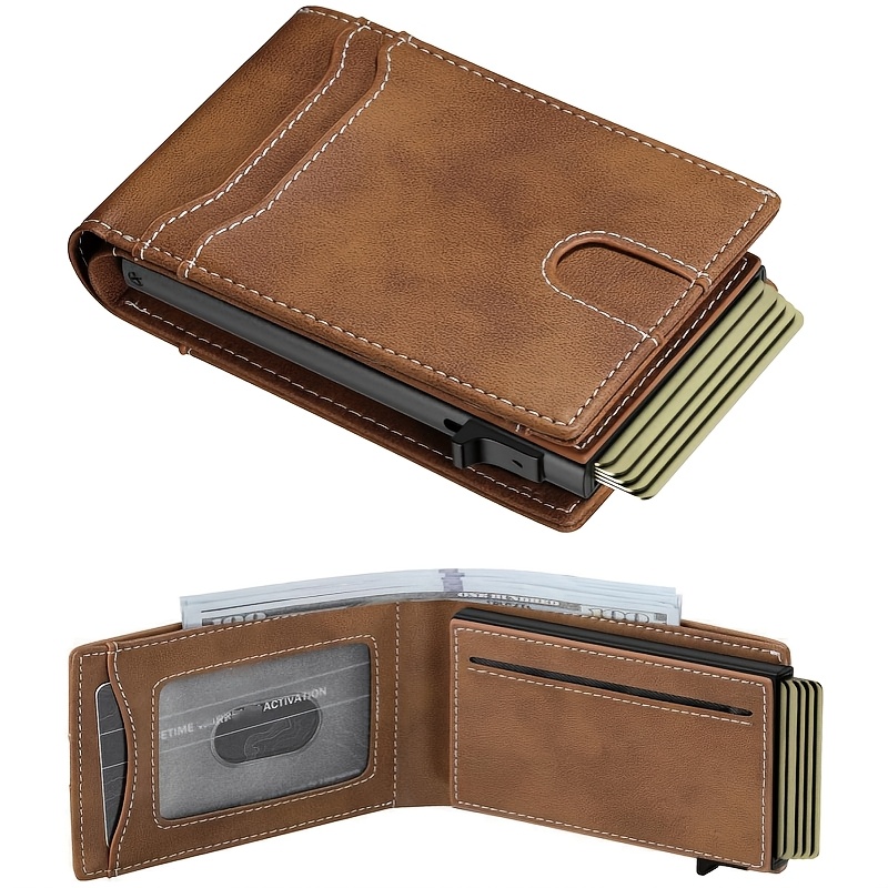 TEMU Wallet For Men - Rfid Blocking [functional & Practical] Bifold Slim Minimalist Credit Card Holder Pop Up Wallet Metal Case With Cash Slot Front