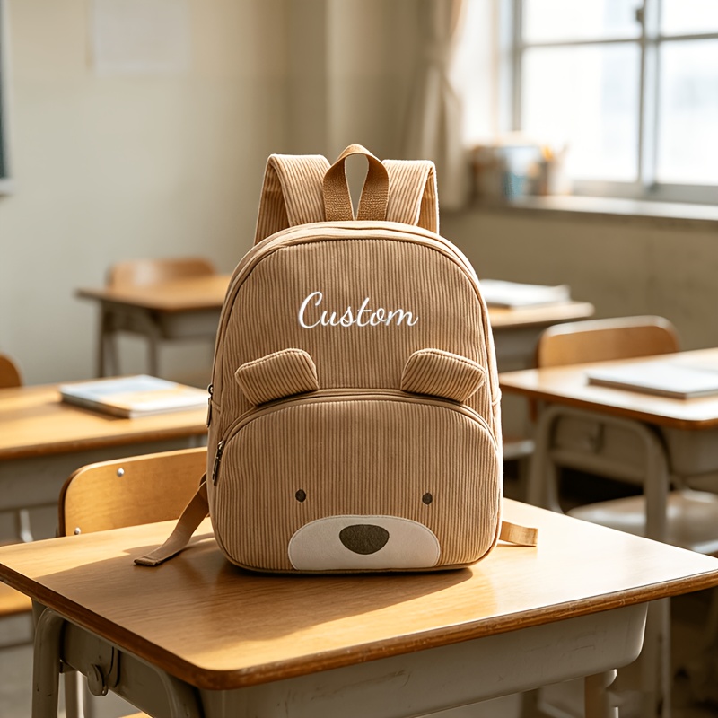 TEMU Custom Embroidered Corduroy Teddy Bear Backpack, Multiple Colors , Dual Pocket Backpack With Adjustable Shoulder Straps, Suitable For Commuting,