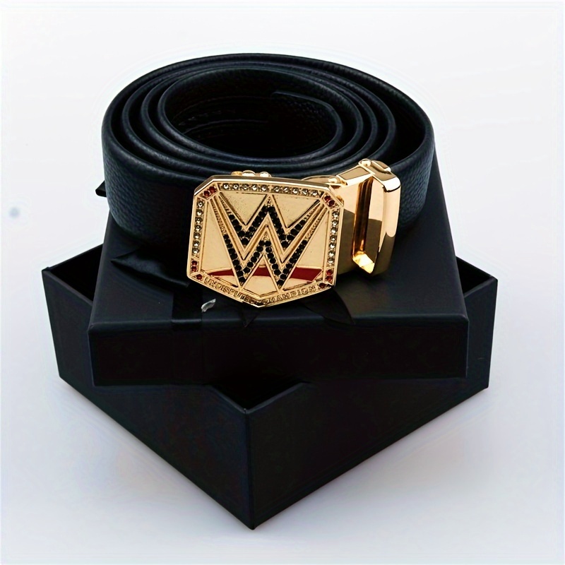 

Father's Day Gift - Men's Golden Leather Belt With Rhinestone Detail, Automatic Alloy Buckle | Plus Size Available