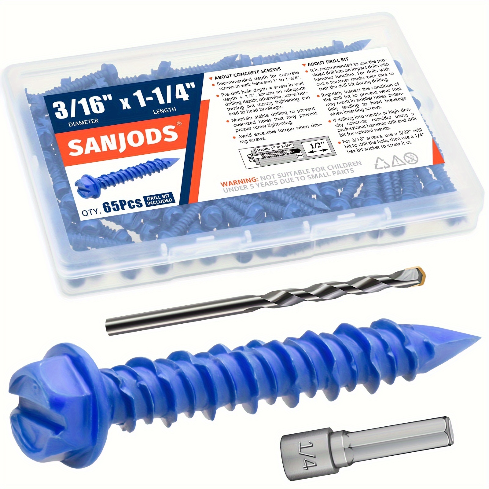 

Sanjods 3/16" X 1-1/4" Concrete Screw Anchors: Head Screws For Masonry, Brick, Block, Cement, And Stucco (pack Of 65) - Thread, 600 Lbs Pulling Force, Salt Spray Test, Anti-rust