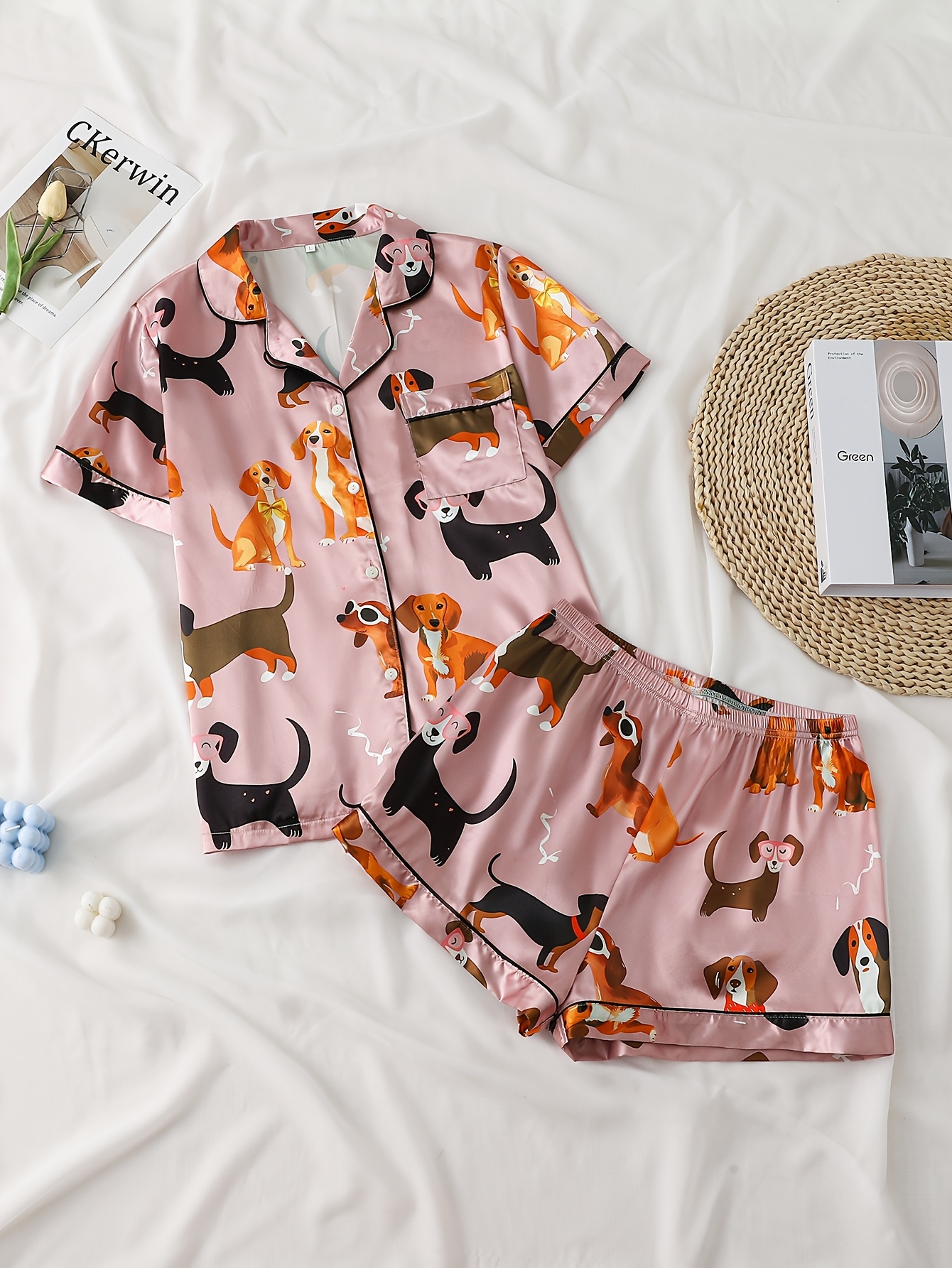 ladies two piece satin pajamas set in   paste color with a small dog pattern ladies two piece short sleeved stand up collar top   with shorts ladies pajamas for   two piece womens set Product details 0